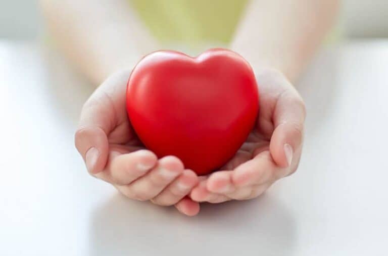 A woman holding a plastic heart in her hands.
