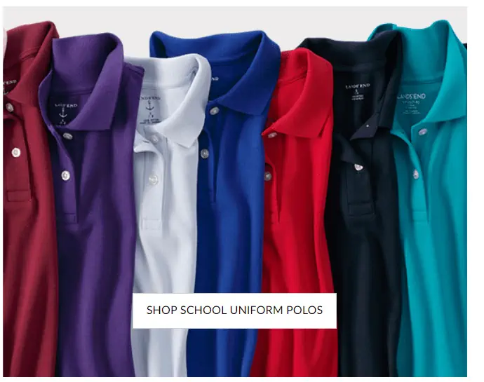 School uniform polo shirts in maroon, purple, white, dark blue, red, black and light blue. 