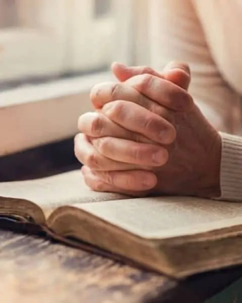 a person with their hands clasped together in a praying way on top of an open book in front of a window