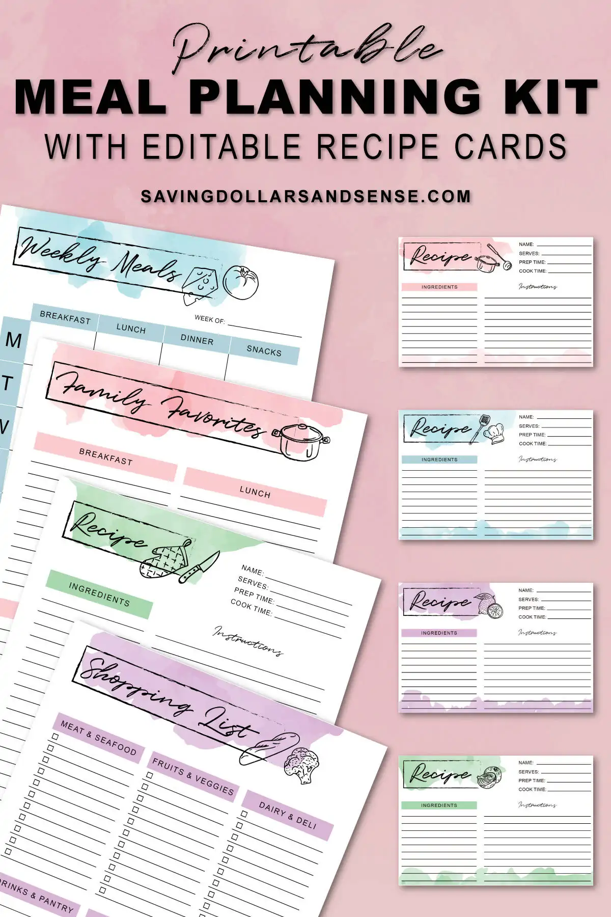 Free printable meal planning kit recipe cards. 