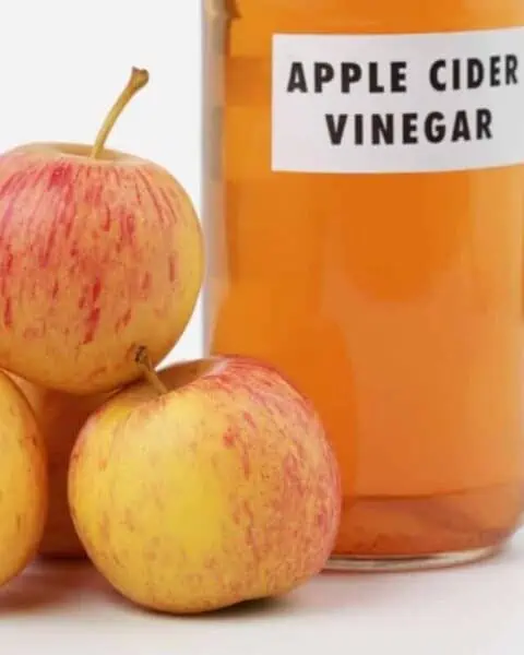 A bottle of apple cider vinegar with a stack of apples next to the jar.