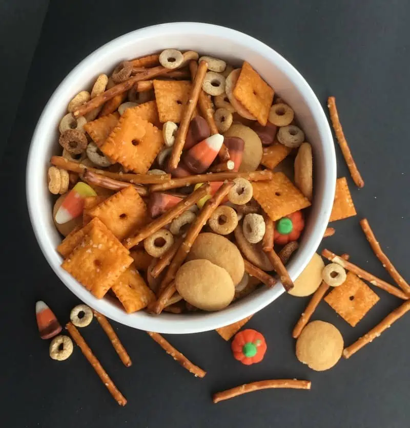 Fall train mix using pretzels, cheese crackers, and Leftover Candy Corn