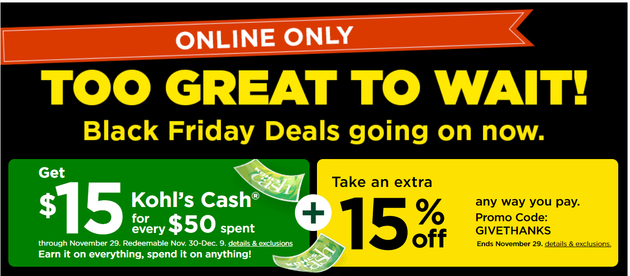 Kohl's Black Friday Deals are LIVE!!! Earn $15 Kohl's Cash & More