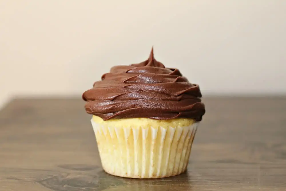 Chocolate frosting on vanilla cupcake.