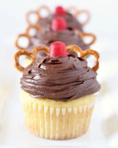 A vanilla cupcake with chocolate frosting. The top is garnished with a red gummy and two pretzels.