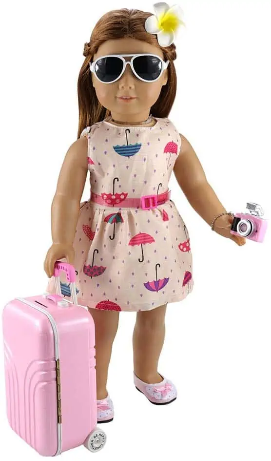 american girl travel set with suitcase and camera.