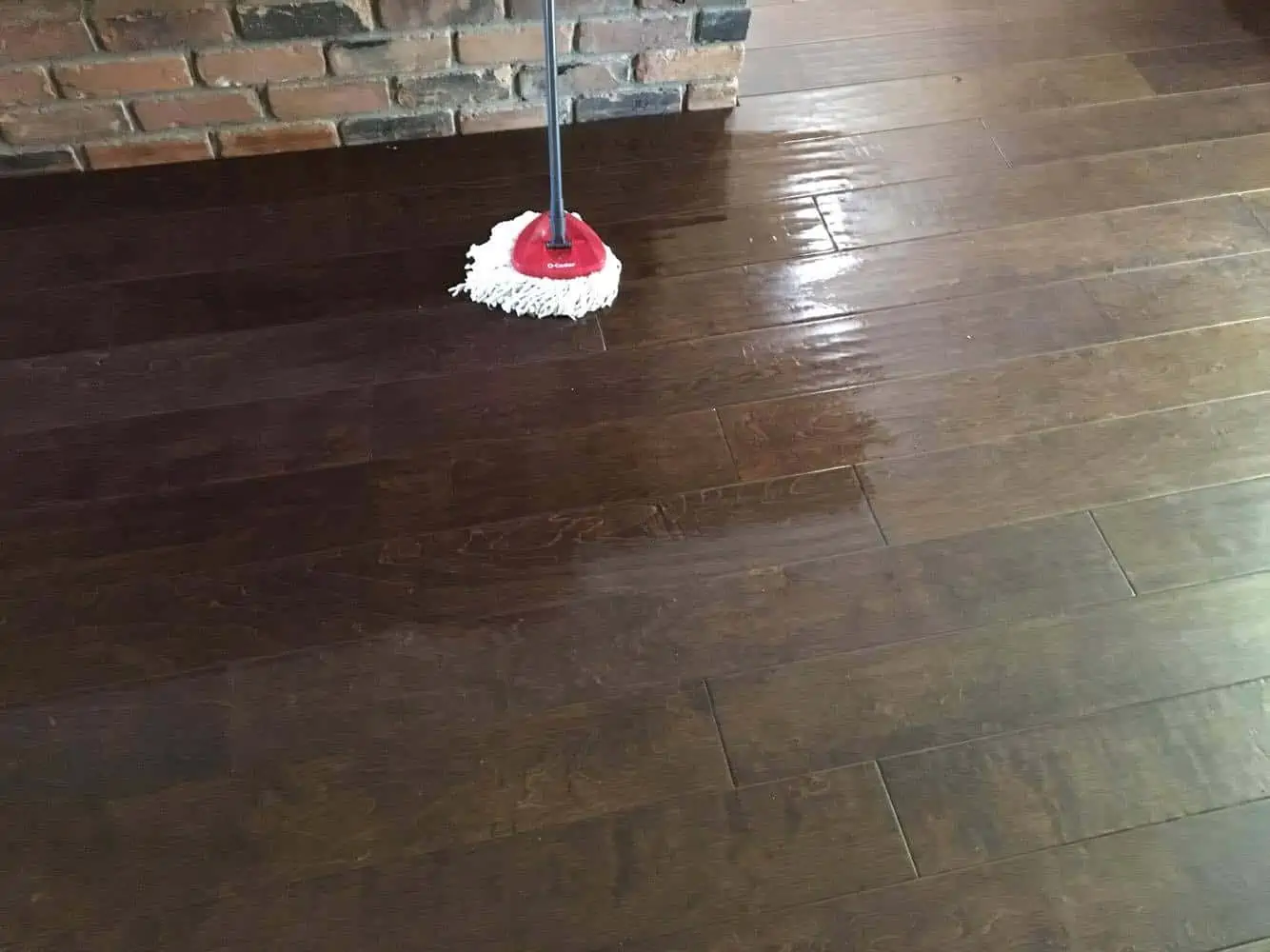 Mop cleaning wooden floor with homemade cleaning supplies.
