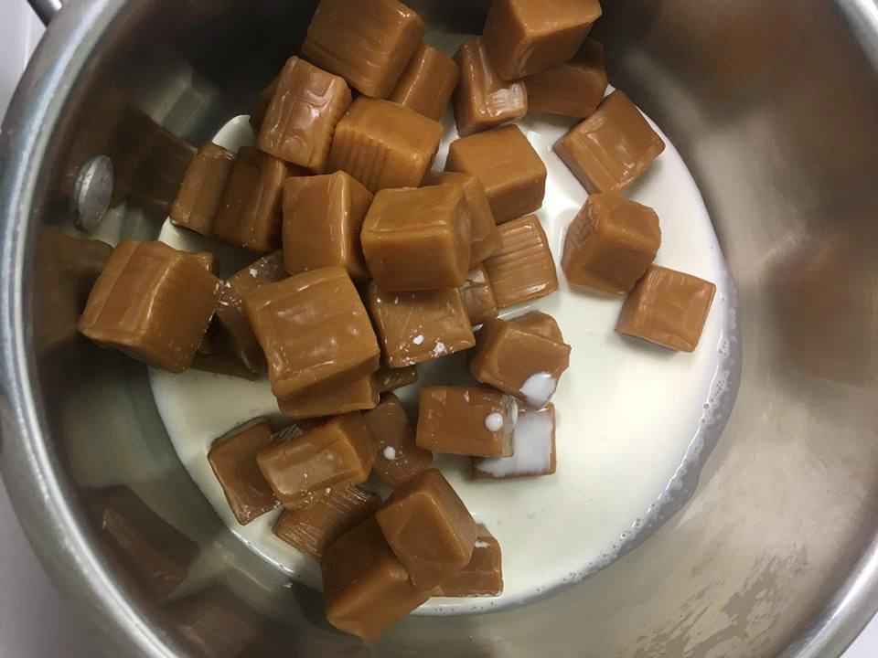 Melted caramel for Homemade Snickers Candy Bar Recipe