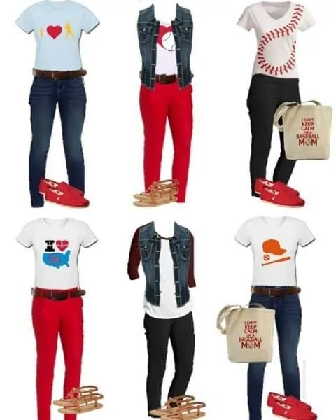 six different baseball themed outfits