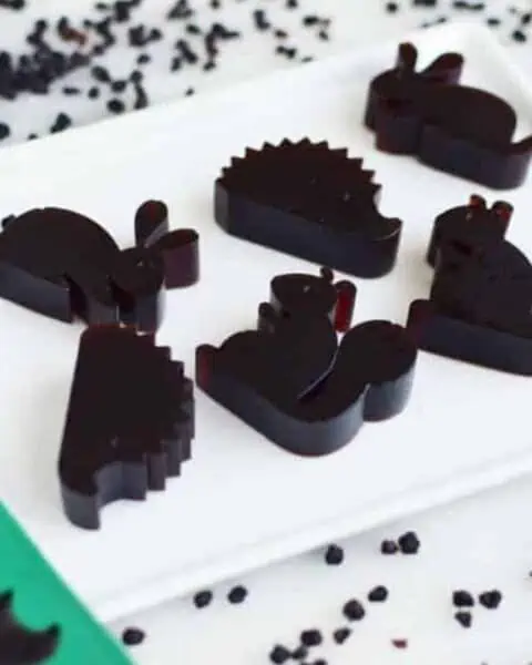 Easy Homemade Elderberry Gummies on a white plate in the shape of forest animals.