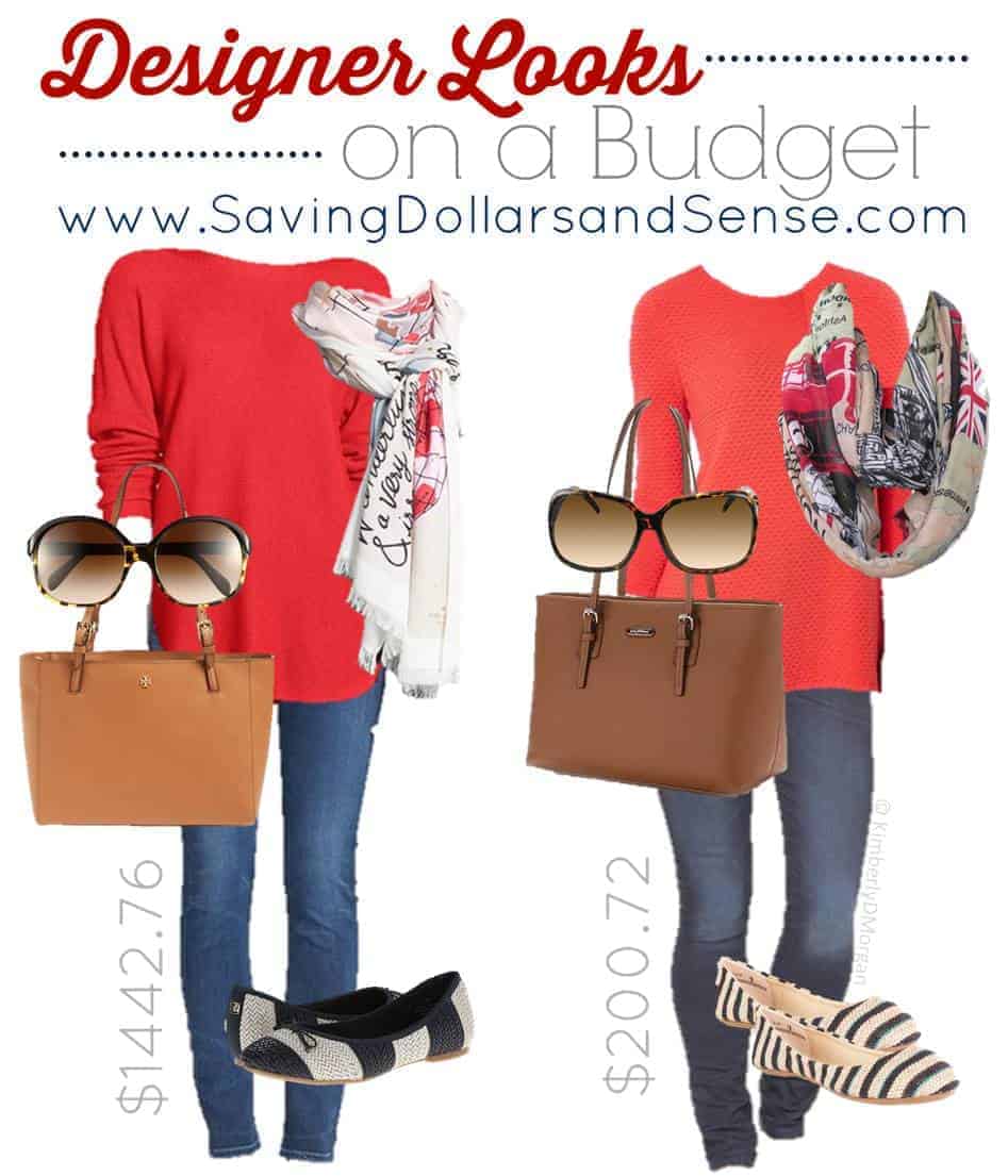 Designer Looks on a budget for red outfits, brown bags, and blue jeans.