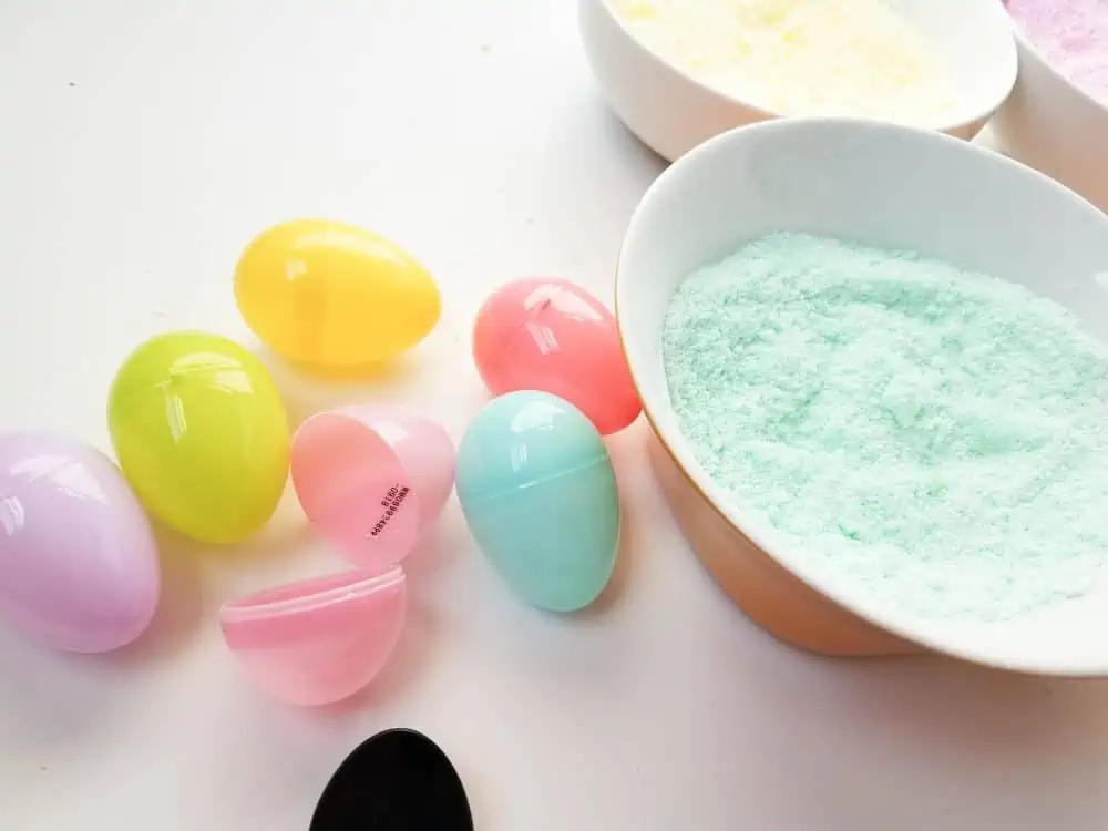 Colorful Easter Egg Bath Bomb molds using plastic Easter eggs.