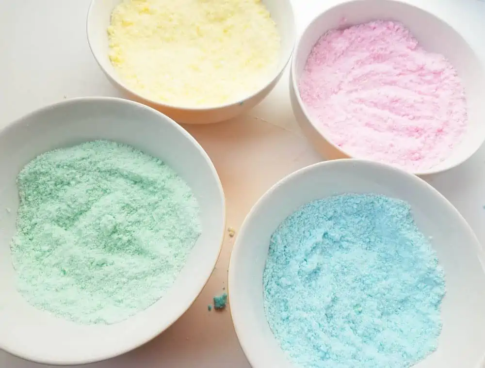 easy bath bomb recipe with Easter colors.