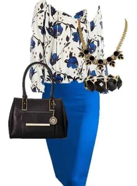 Floral blue spring outfits with accessories.