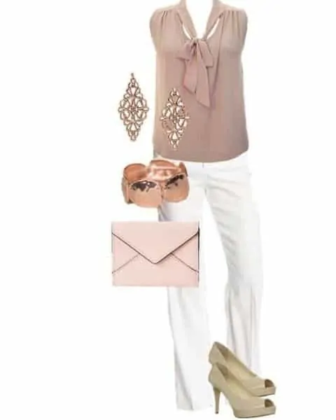 outfit with white slacks, a blush blouse, pink handbag and heels