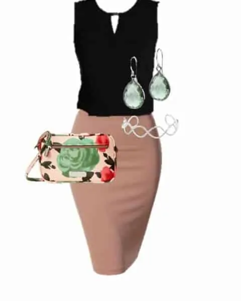 outfit layout that includes a black blouse, blush pencil skirt, flower print bag, earring and heels