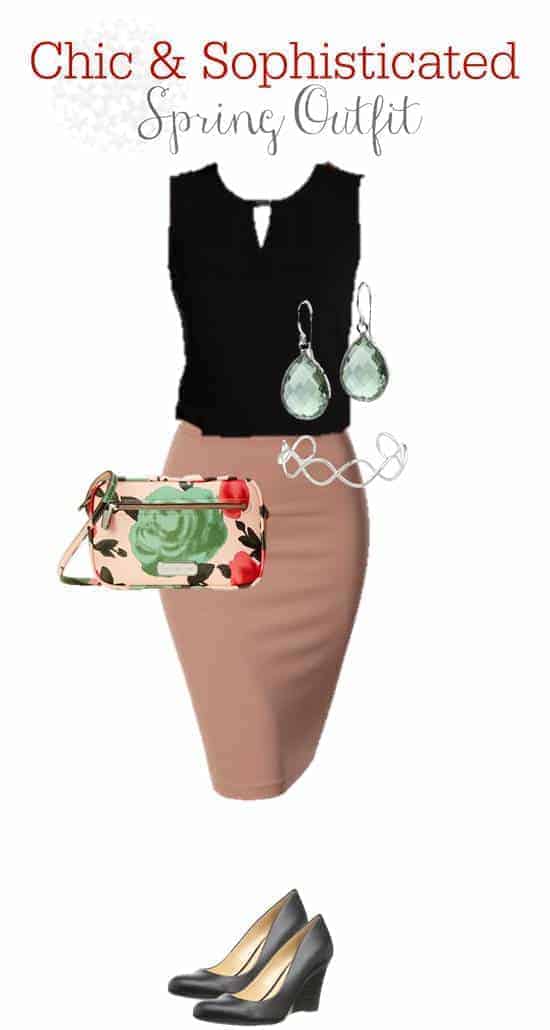 outfit layout that includes a black blouse, blush pencil skirt, flower print bag, earring and heels