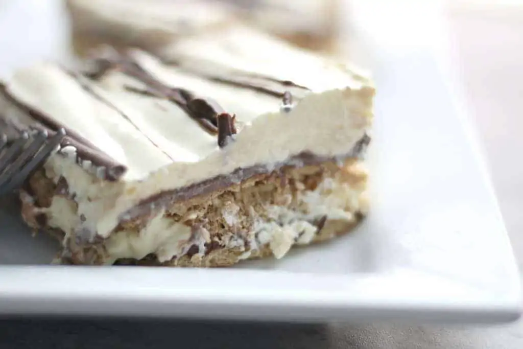 piece of eclair freezer cake on white plate