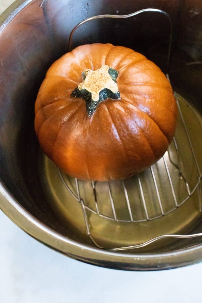 adding pumpkin to the Instant Pot 