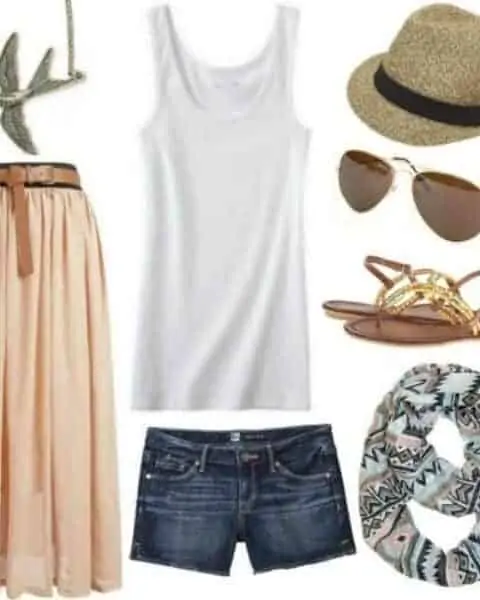 fashion layout that includes jean shorts, awhite tank top, orange maxi skirt, sunglasses, sandals, a scarf and a hat