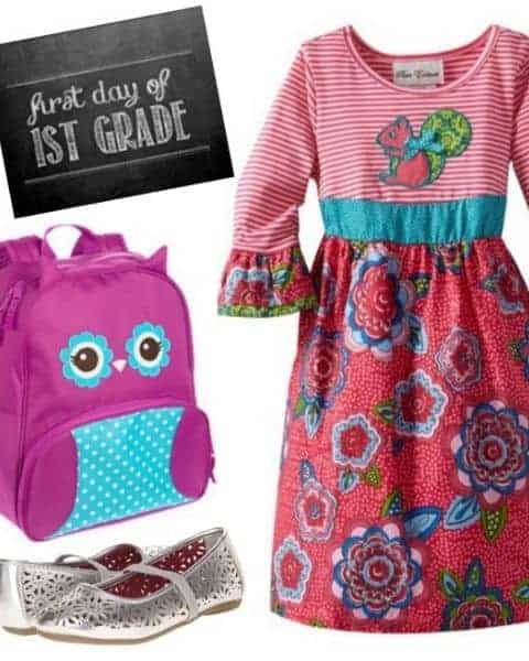 girls dress, backpack, shoes