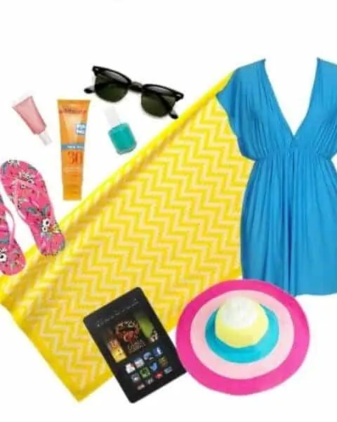 swim cover-up, sunhat, tablet, beach towel, sunglasses, sunscreen, flip flops