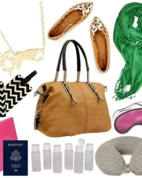 traveling items - bag, scarve, passport, carryon, shoes