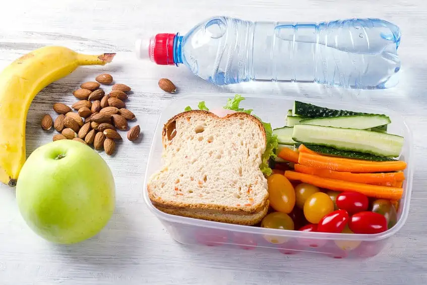 School lunch box with sandwich, vegetables, water, and fruits on