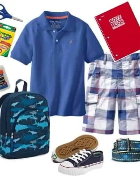 boys clothes, backpack, notebook, school supplies and shoes