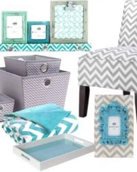 chevron chair, boxes, pillows, blankets, shelves and picture frames