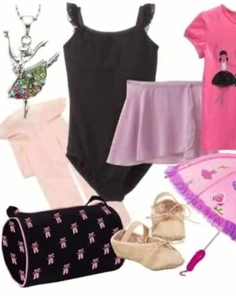 ballet outfit, bag, shoes, umbrella and necklace