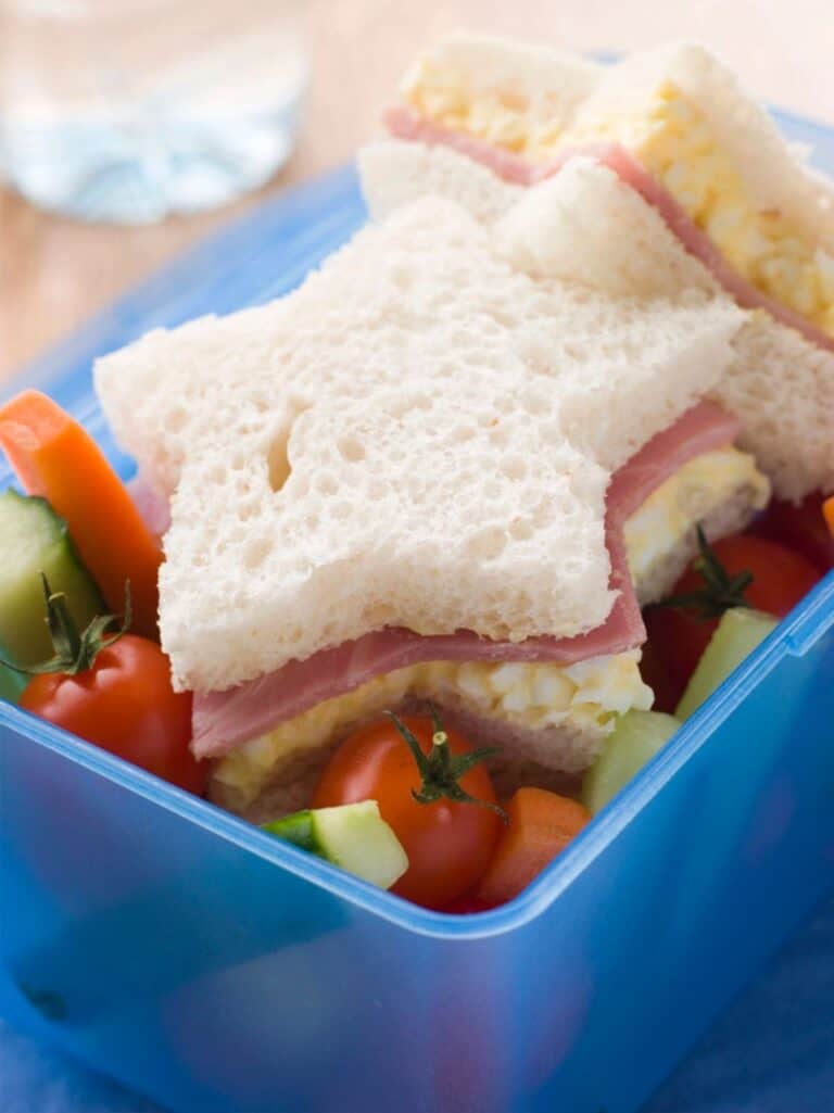 Star-shaped sandwich with ham and egg filling in a blue lunchbox, accompanied by cherry tomatoes and sliced cucumber and carrot—perfect for School Lunches Kids Love.