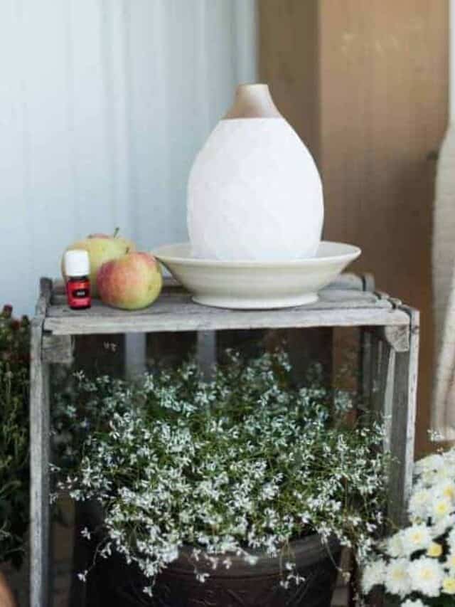 Diffuser on a wooden crate next to fresh fruit and essential oils.
