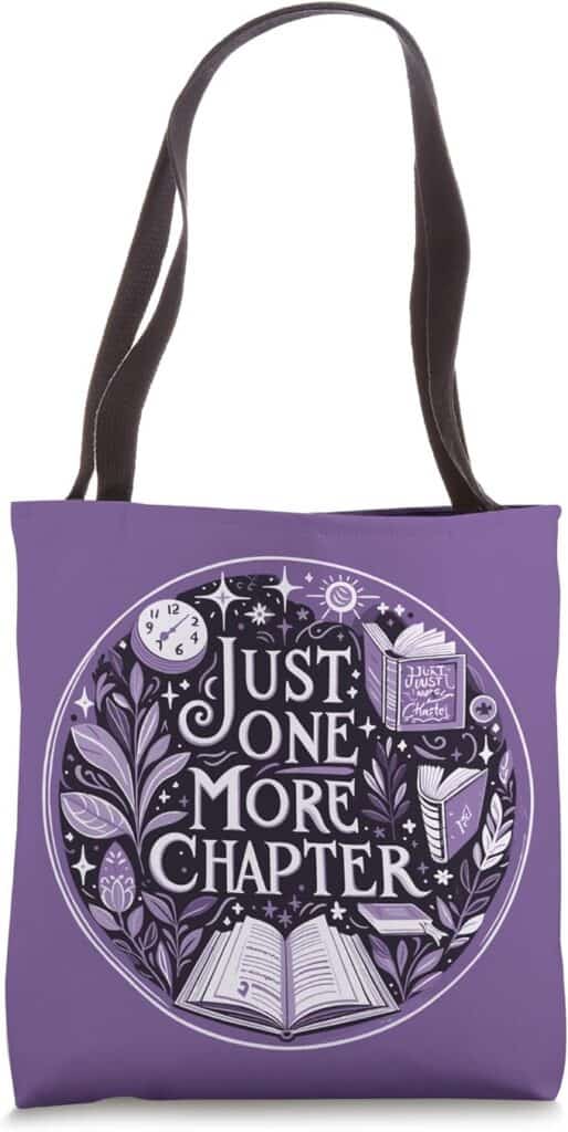 This purple tote bag, featuring the phrase "Just One More Chapter" surrounded by books and leaves, makes one of the best gift ideas for book lovers.