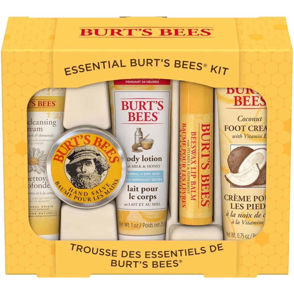 Burt’s Bees Essential Kit includes five skincare products in yellow packaging: cream, salve, lotion, balm, and foot cream.