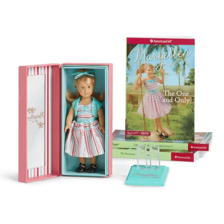 American girl mini doll sets with doll and book.