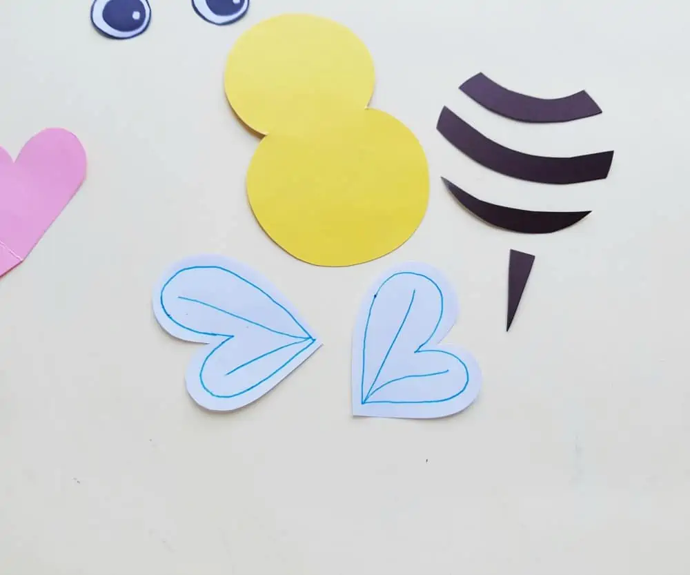 paper bee parts and drawing on bee wings