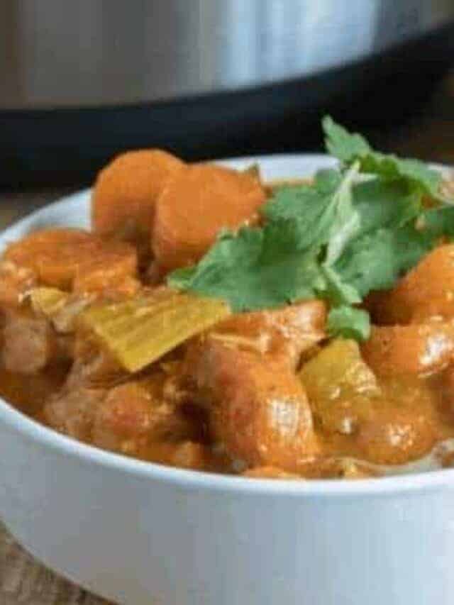 A white bowl of keto friendly soup make with the instant pot.