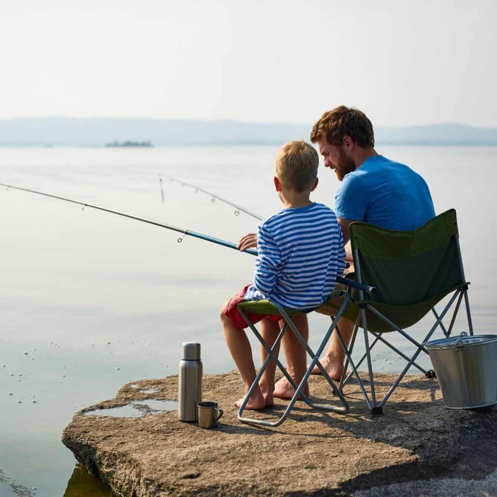 A father teaching his son fishing on the side of a lake.