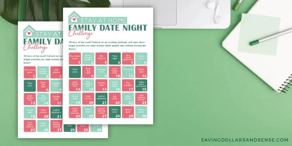 Free printable family date night challenge with 30 ideas.