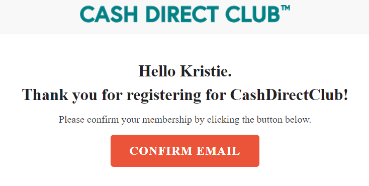Cash Direct Club logo and confirmation from signing up.