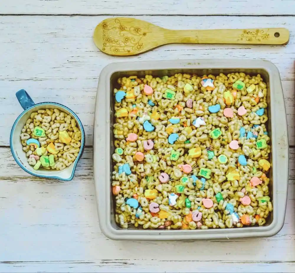 A tray of food, with Lucky Charms and Marshmallow