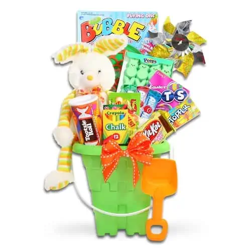 Easter basket with bunny, candy, toys, and other trinkets from Kohl\'s spring sale.
