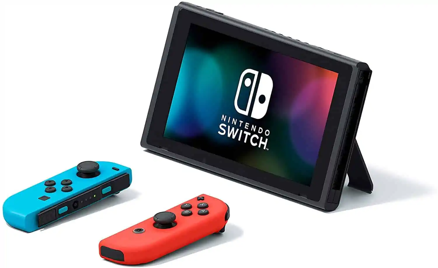 A Nintendo Switch with red and blue controllers.