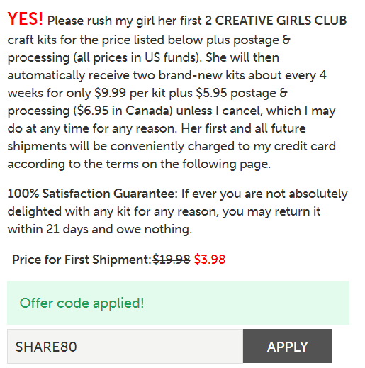 Offer coupon applied from the Creative Girls Club coupon craft subscription box.