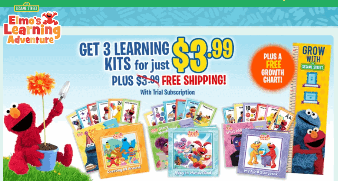 Elmo\'s learning adventure kits for children.