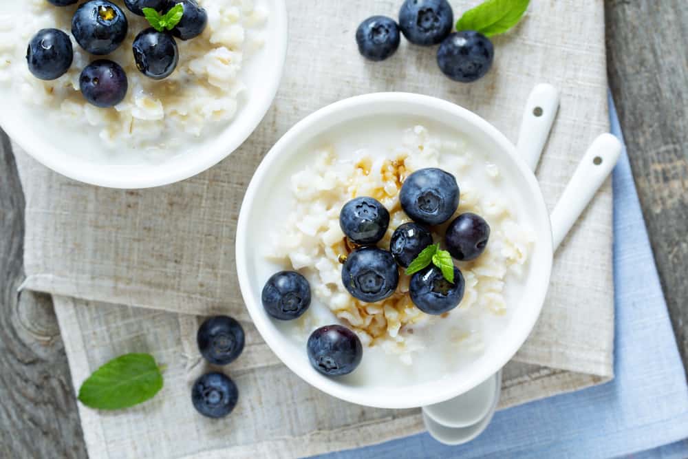Rice pudding with maple syrup and blueberries.