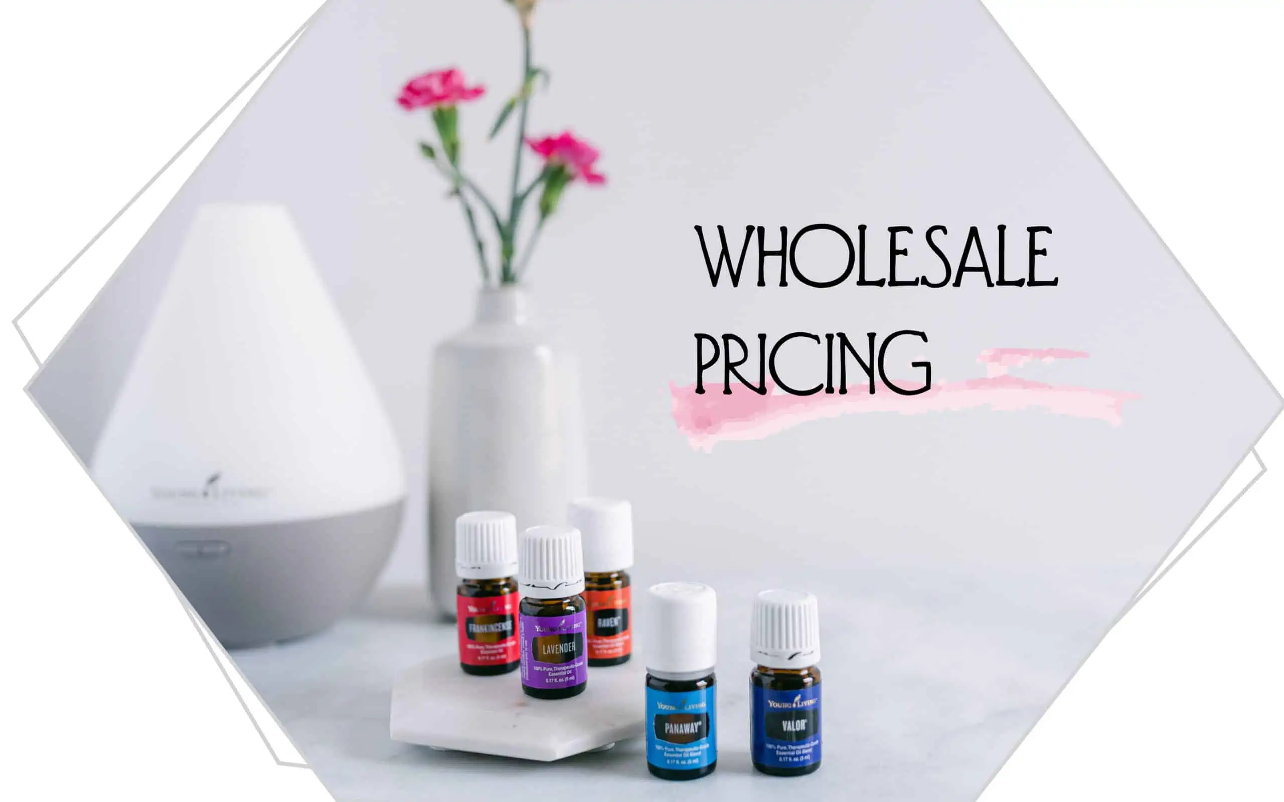 Wholesale Pricing with essential oils , a diffuser, and a vase of pink carnations.