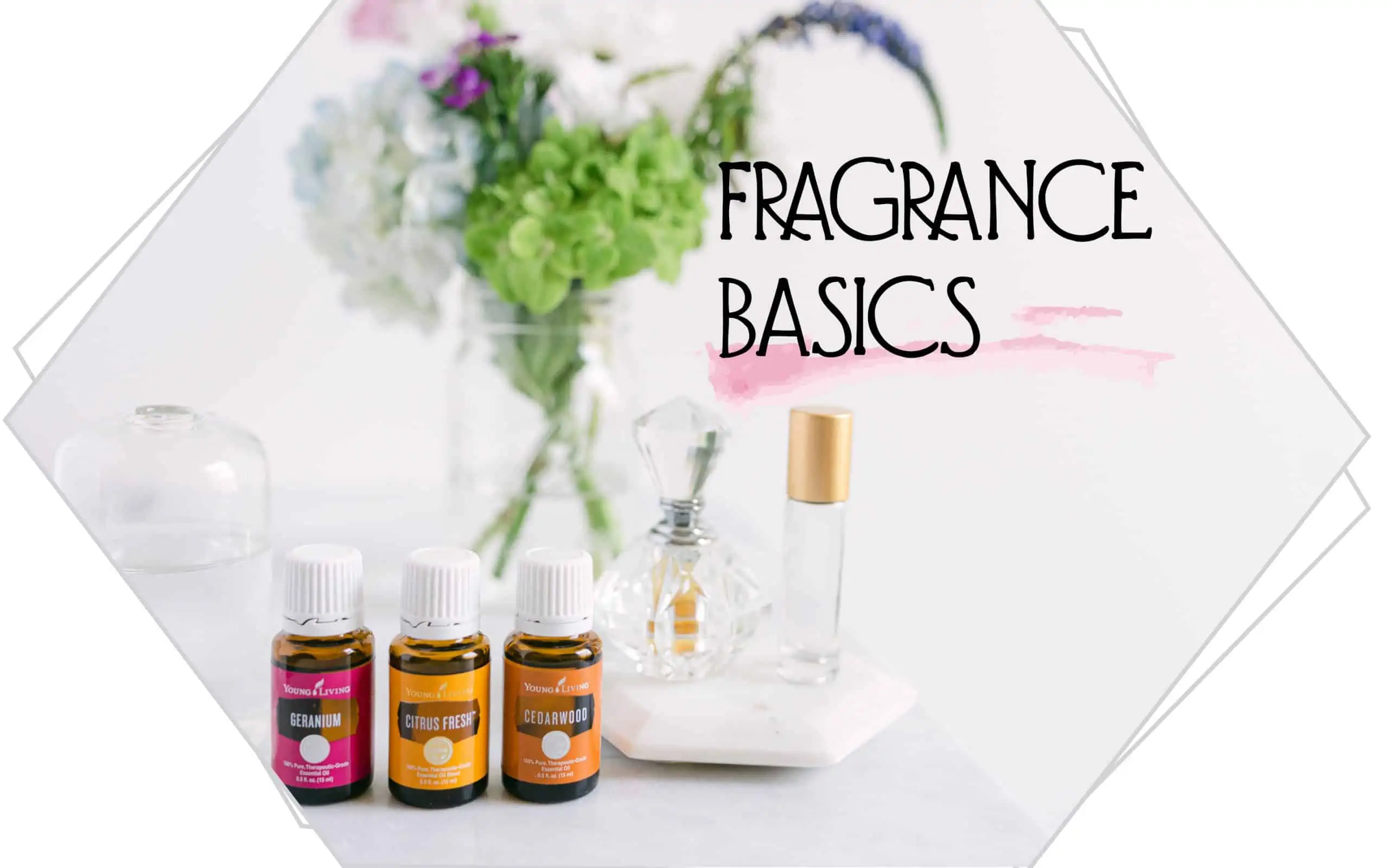 Fragrance basics with essential oil bottles. 