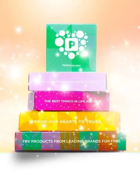 PinchMe free sample boxes with a variety of colors and a collection of products.